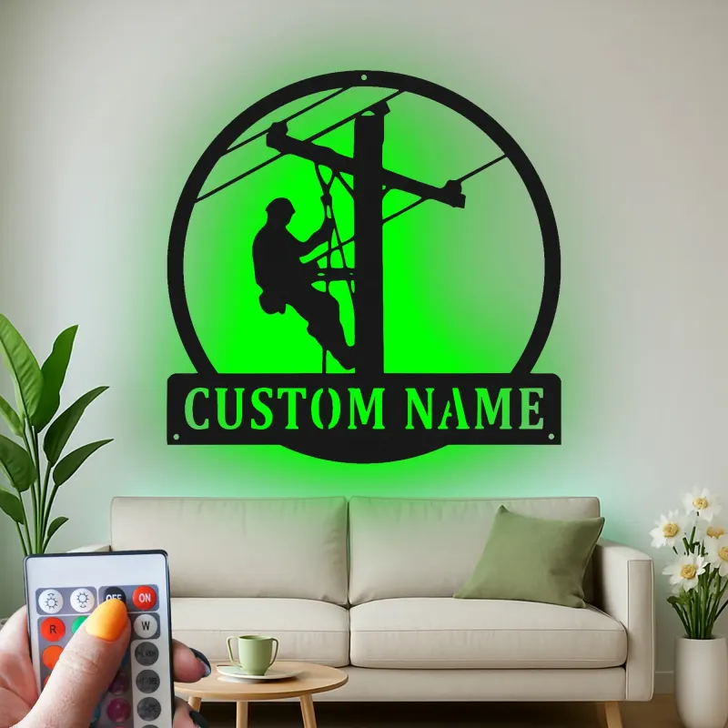 Regalo Personalizzato per Lineman | Insegna in Metallo Retroilluminata con LED | Insegna per Elettricista | Decorazione per Lavoratori di Pali