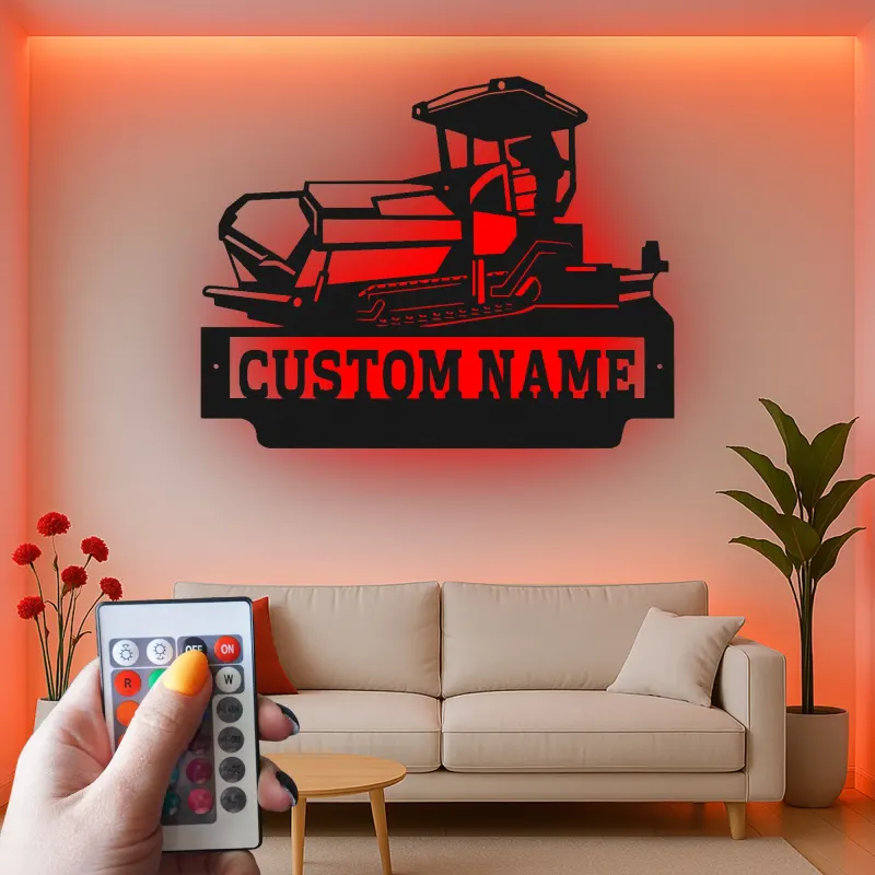 Décoration murale en métal personnalisée avec bulldozer rétroéclairé - Cadeau personnalisé pour passionné de construction - Décor de garage ou de bureau
