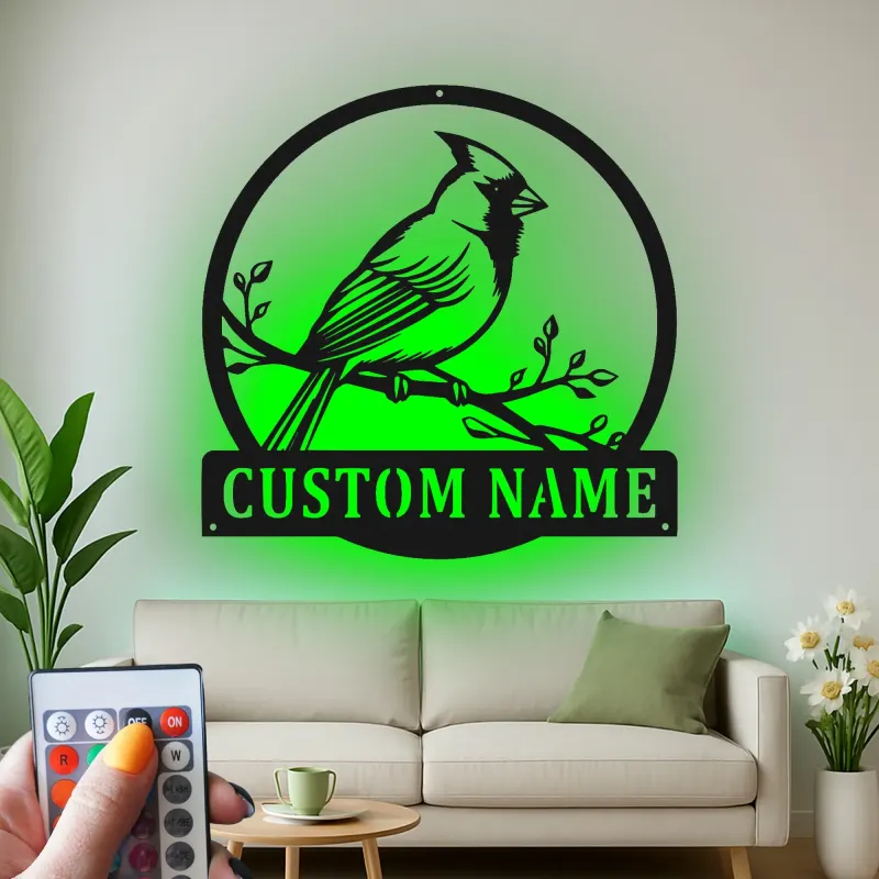 Décoration murale en métal personnalisée avec lumière LED en forme de cardinal - Cadeau pour amoureux de la nature - Décor de jardin ou de patio