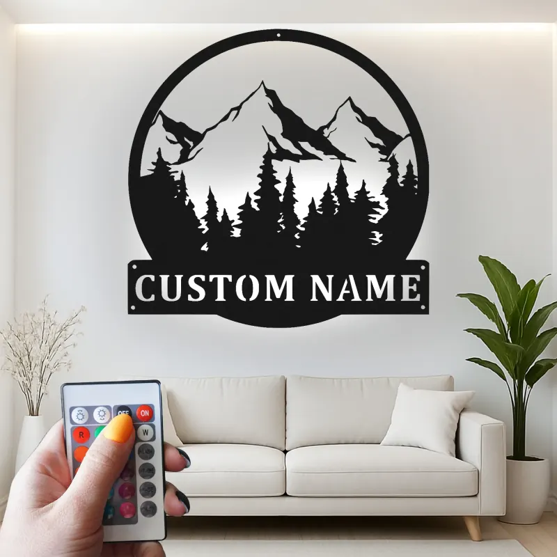 Personalized Mountain Metal Wall Art | LED Backlit Nature Scene for Cabin Decor | Custom Family Name Sign