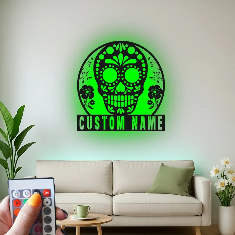 Personalized Sugar Skull Metal Sign | Custom Calavera LED Wall Art | Day of the Dead Decor | Gothic Floral Home Gift