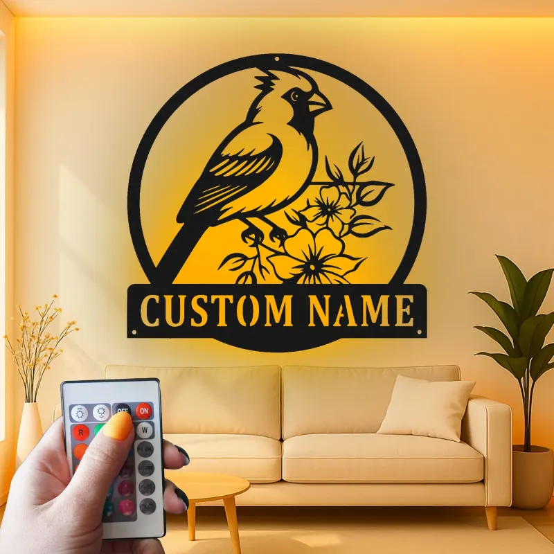 Cartel de metal LED de pájaro cardenal personalizado, regalo para amantes de la naturaleza, decoración de sala de estar o jardín