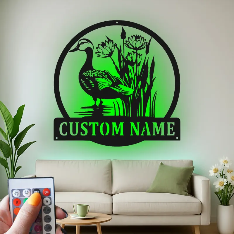 Insegna in metallo LED personalizzata con anatra e canne - Regalo natura, decorazione giardino o patio