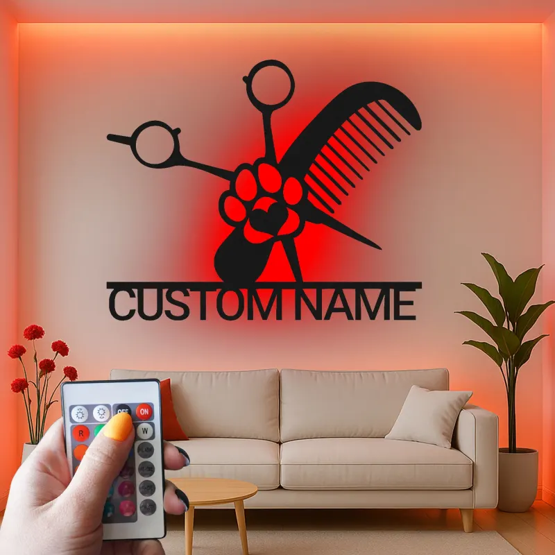 Personalized Pet Groomer Sign | Custom Metal LED Wall Art | Grooming Salon Decor with Name | Scissors & Comb Logo