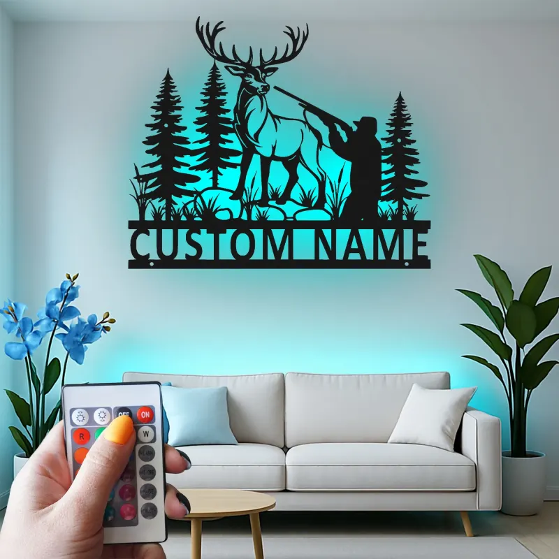 Custom Hunter and Deer Led Light Metal Wall Art Personalized Gift for Outdoorsmen Cabin or Man Cave Decor