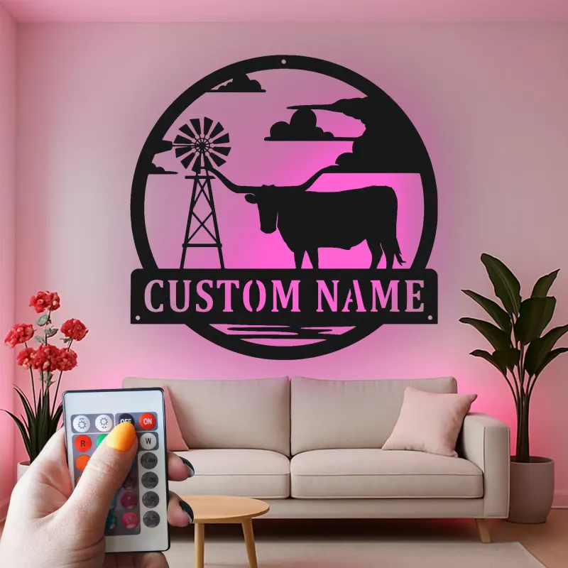 Texas Longhorn Metal Sign | Custom LED Wall Art for Modern Farmhouse Decor | Personalized Rancher & Cowboy Gift