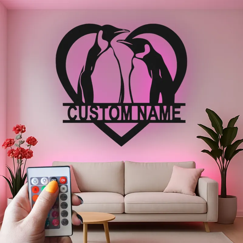 Insegna a Cuore con Pinguino Personalizzata | Arte Murale in Metallo LED per Coppie | Regalo di Anniversario Personalizzato per Decorazione Casa