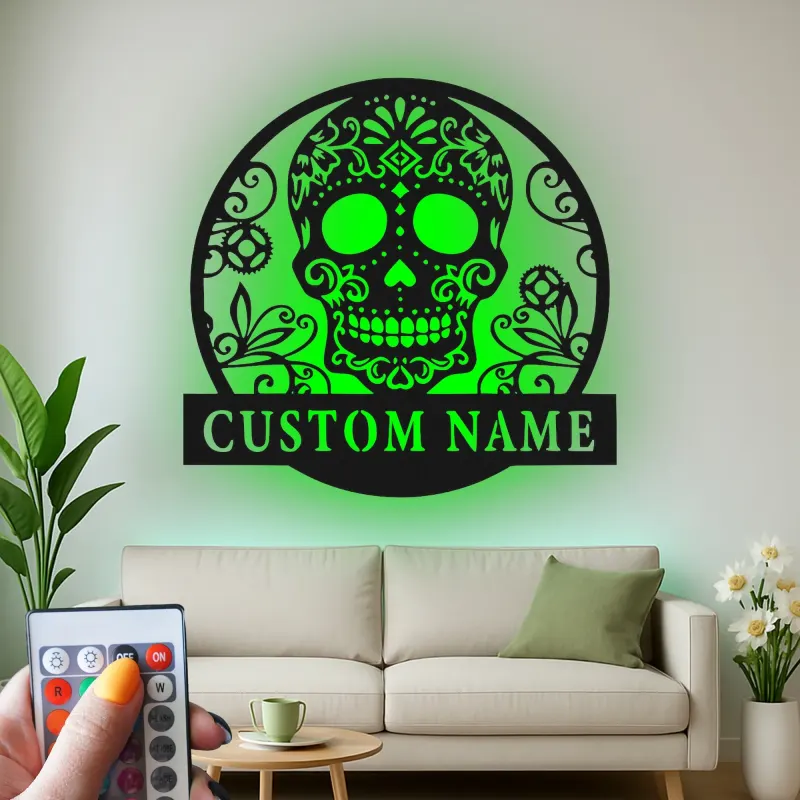 Personalisierte Zuckerschädel-LED-Leuchtschild | Individuelle Metall-Wandkunst für Gothic- & Día de los Muertos-Dekor | Florale Calavera-Namensplakette