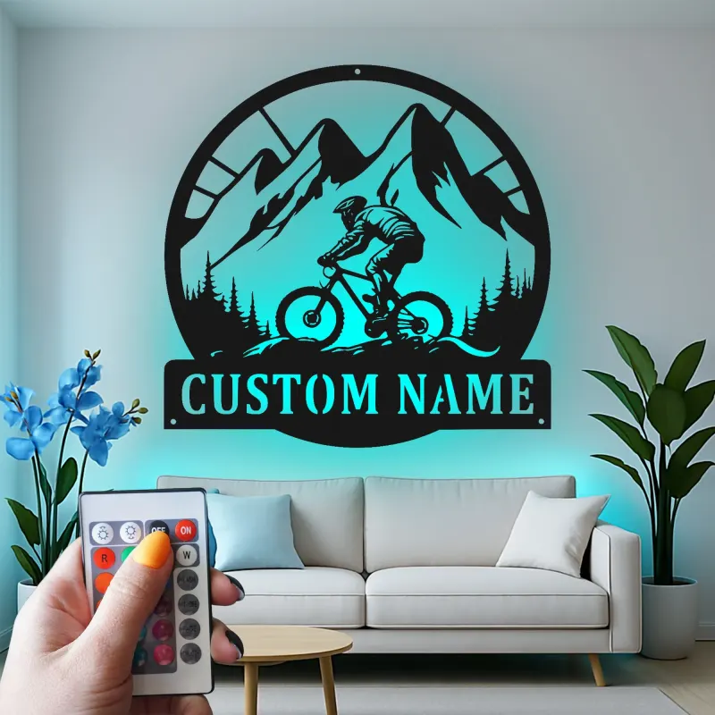 Custom Mountain Biker Sign | LED Metal Wall Art | Personalized Cyclist Gift for Outdoor Lover | Trail Rider Decor