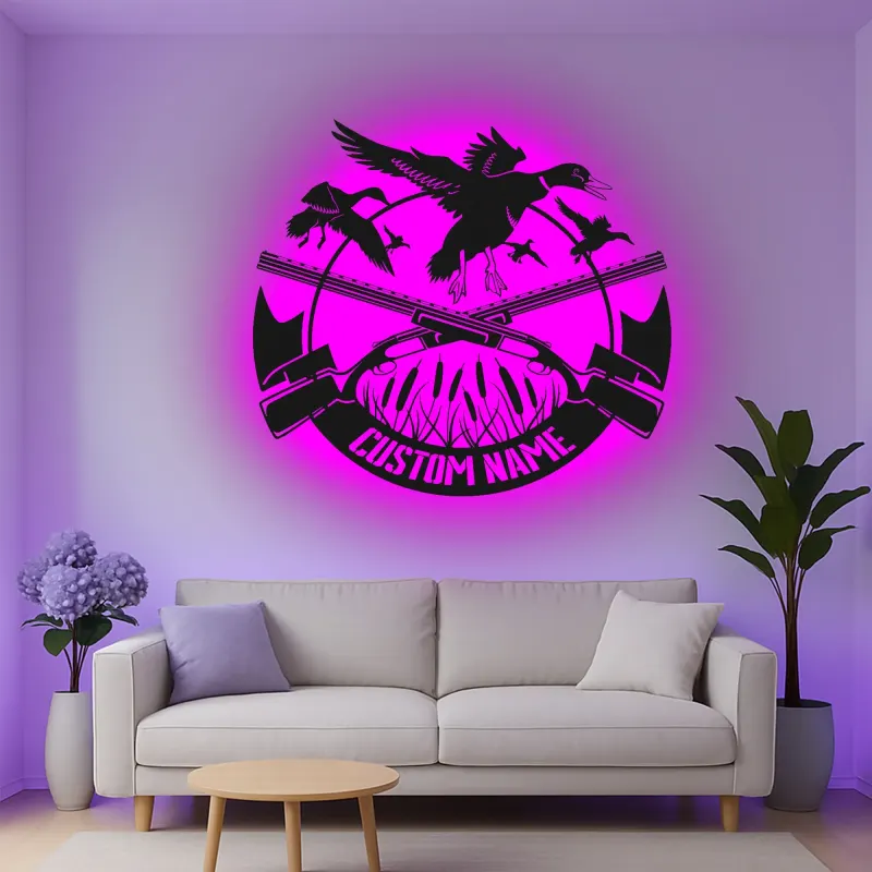 Personalisierte LED-Metall-Wandkunst mit Entenjagd-Motiv – Geschenk für Jäger, Männerhöhle oder Hüttendeko