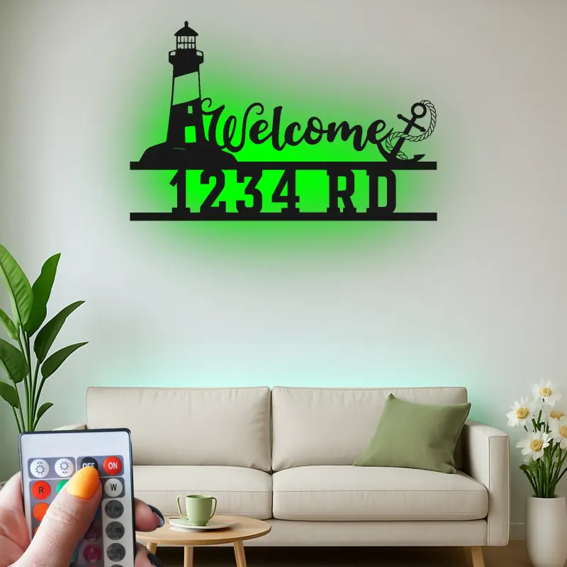 Insegna Indirizzo Faro LED | Arte di Benvenuto in Metallo Personalizzata | Decorazione Nautica per Casa al Mare e Clinica Costiera