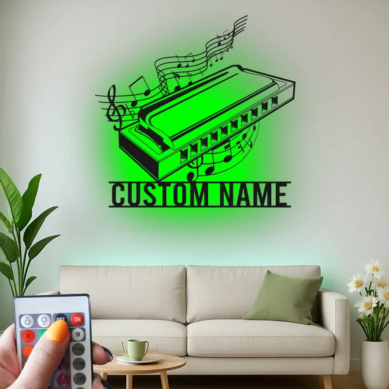 Personalisiertes Harmonica LED-Schild | Metall Musiker Wandkunst | Individuelle Musikzimmer Dekoration | Geschenk für Bluesliebhaber