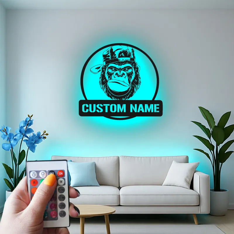 Decoración mural de metal LED con gorila | Cartel personalizado con nombre para sala de hombres | Decoración selvática y de fauna a medida para él