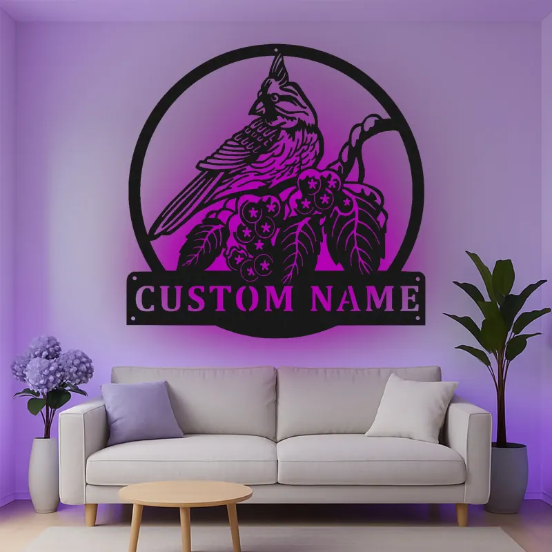 Personalisierte LED-Metall-Wandkunst mit Kardinalvogel – Geschenk für Vogelliebhaber, Garten- oder Terrassendeko
