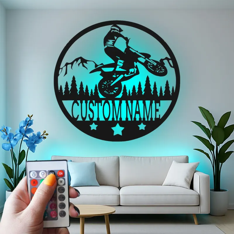 Cartel de metal LED personalizado de piloto de motocross regalo para entusiastas de motos de cross decoración de garaje o cueva de hombre 1