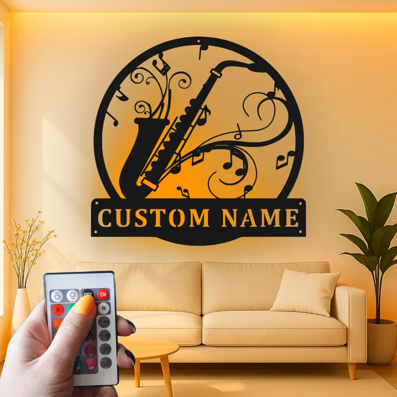 Panneau LED Personnalisé Saxophone | Décoration Murale en Métal pour Studio de Musique | Cadeau Joueur de Jazz | Décor Salle de Groupe