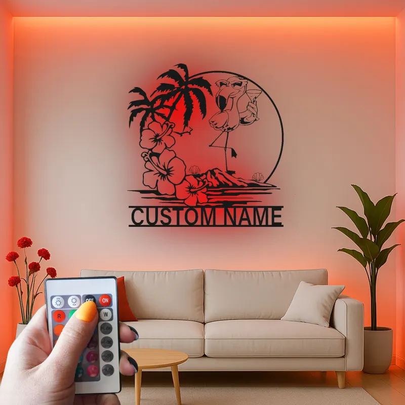 Cartel LED de flamenco personalizado | Arte mural tropical personalizado | Decoración de casa de playa para patio o bar junto a la piscina | Placa de nombre iluminada