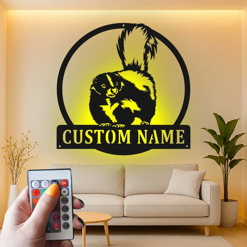 Custom Skunk Metal Wall Art | Personalized LED Name Sign for Cabin & Lodge | Realistic Wildlife Silhouette Decor