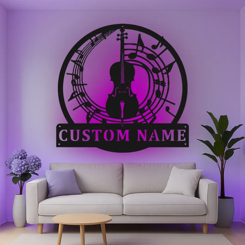 Cartel de metal personalizado con violín y notas musicales y luz LED Regalo para músicos Decoración de estudio o sala de música