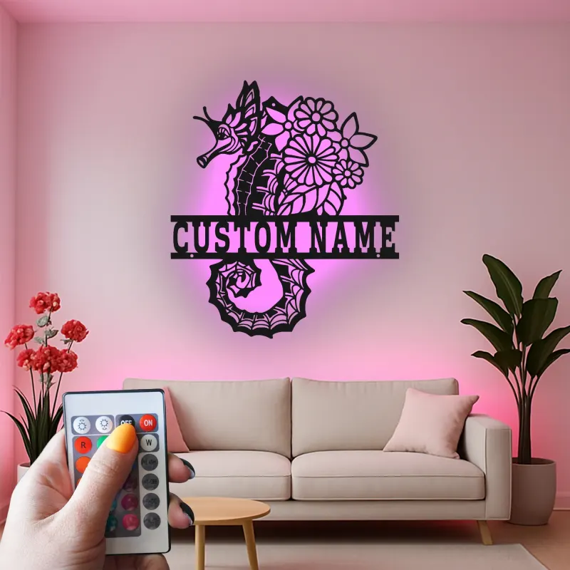 Insegna LED con cavalluccio marino | Insegna in metallo personalizzata con fiori | Decorazione nautica per casa al mare e beach house | Regalo per chi ama l'oceano
