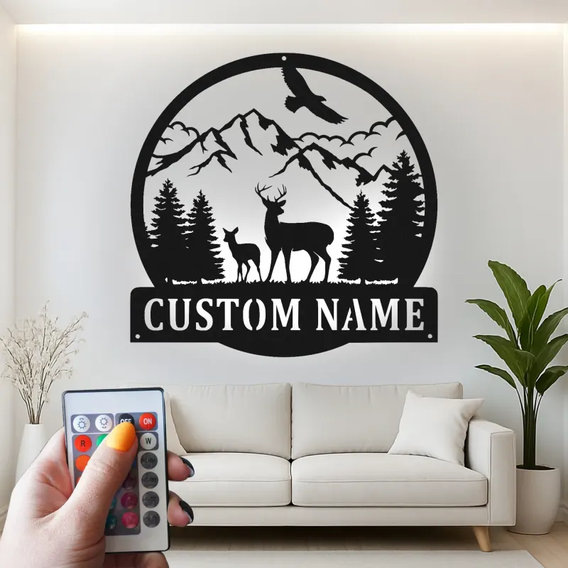 Personalisiertes LED-Metallschild für Berg-Reh-Szenen – Einzigartiges Geschenk für Naturfreunde, Dekoration für Berghütte oder Lodge