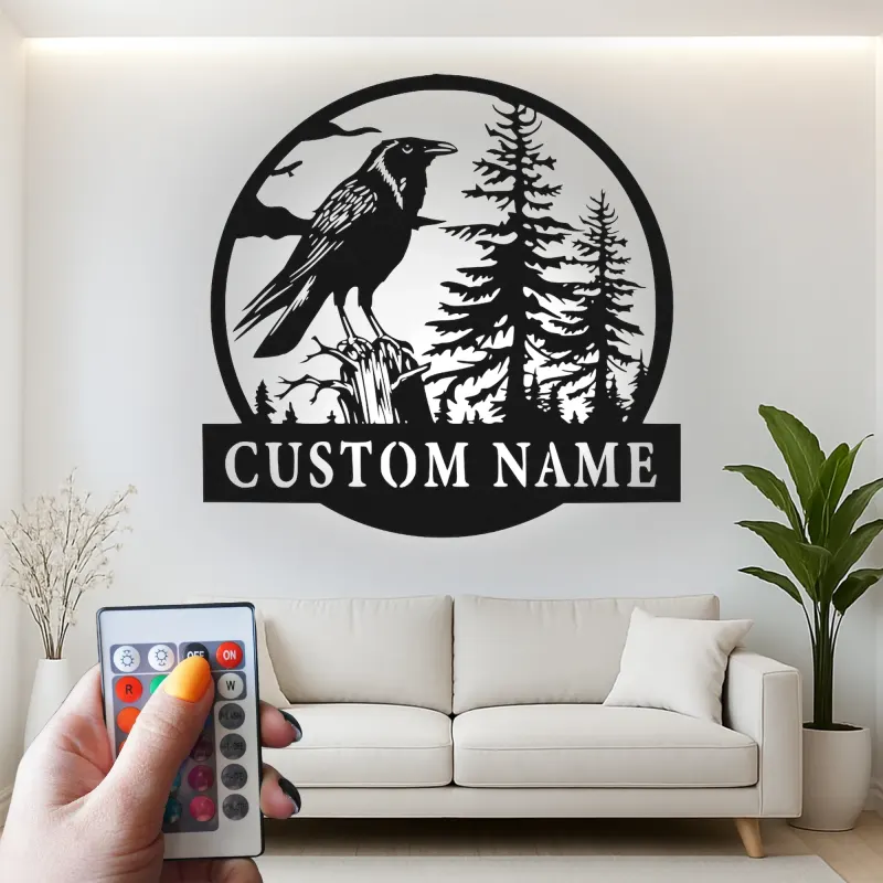 Décoration murale en métal LED de corbeau | Panneau nominatif personnalisé pour décor de cabane | Silhouette de faune forestière personnalisée | Cadeau pour amoureux de la nature