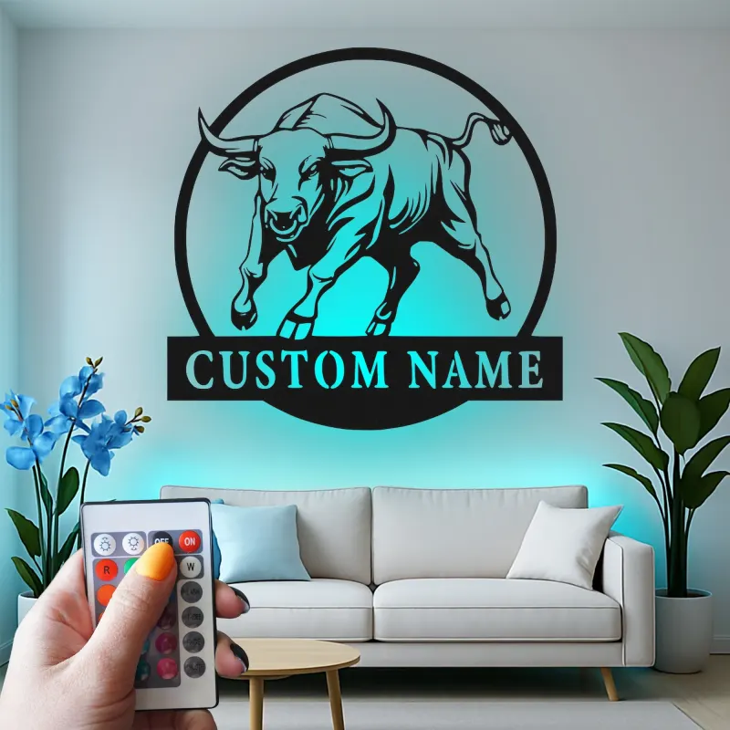 Décoration murale en métal personnalisée avec éclairage LED de taureau - Cadeau pour éleveurs - Décor de ferme rustique 1
