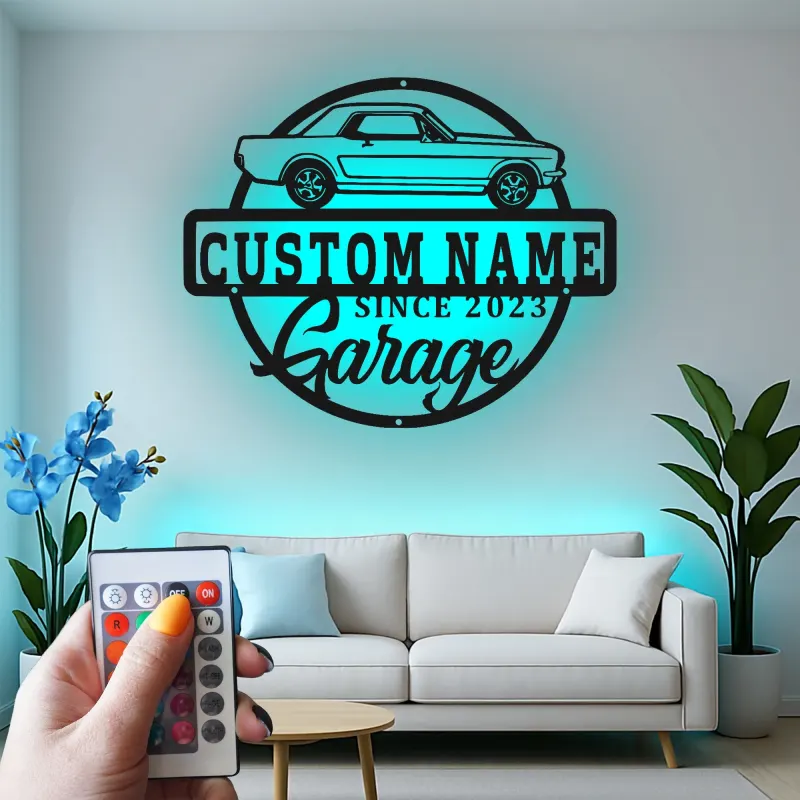 Décoration murale en métal personnalisée avec voiture classique et rétroéclairage LED - Cadeau pour passionnés de voitures, décoration de garage
