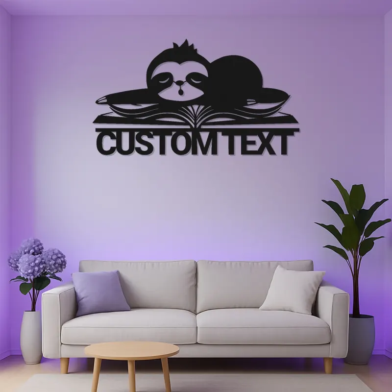 Arte Murale in Metallo LED con Bradipo su Libro | Insegna Personalizzata per Biblioteca per Angolo Lettura | Regalo con Nome Personalizzato per Amanti dei Libri e Bibliotecari
