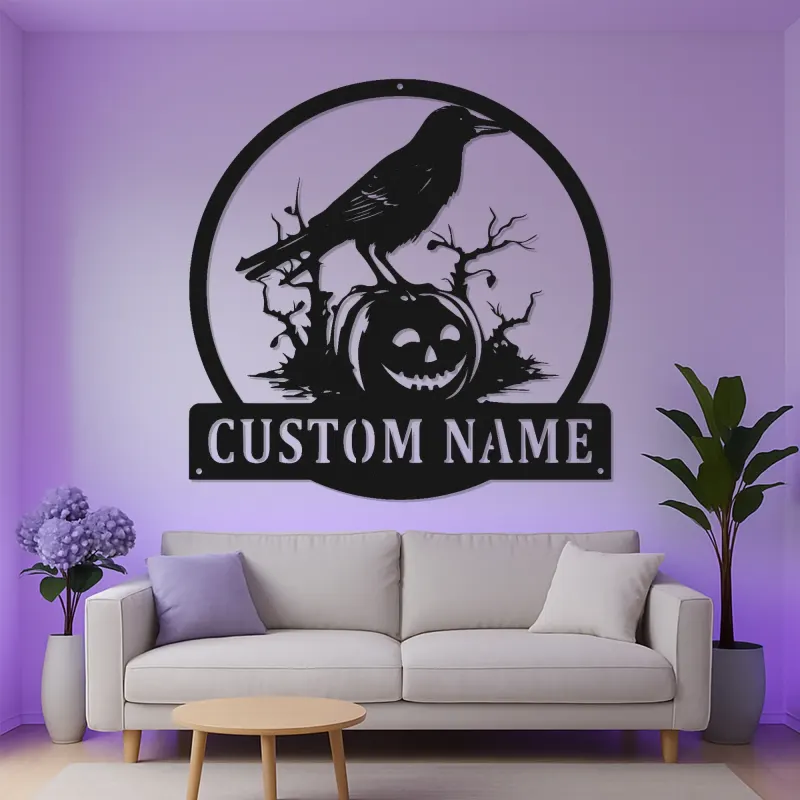 Panneau en métal personnalisé Corbeau & Citrouille | Décoration murale Halloween avec rétroéclairage | Décor effrayant personnalisé | Cadeau gothique
