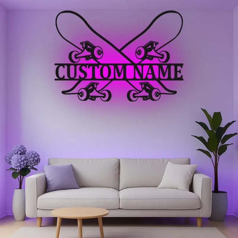 Personalisierte Skateboard LED-Licht Metall-Wandkunst Geschenk für Skater Jugendzimmer oder Skate-Shop Dekoration