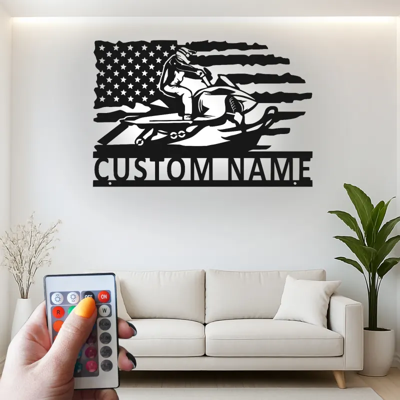 Custom Snowmobile Metal Sign | Personalized American Flag LED Art | Winter Sports Decor for Garage | Snowmobiler Gift for Him