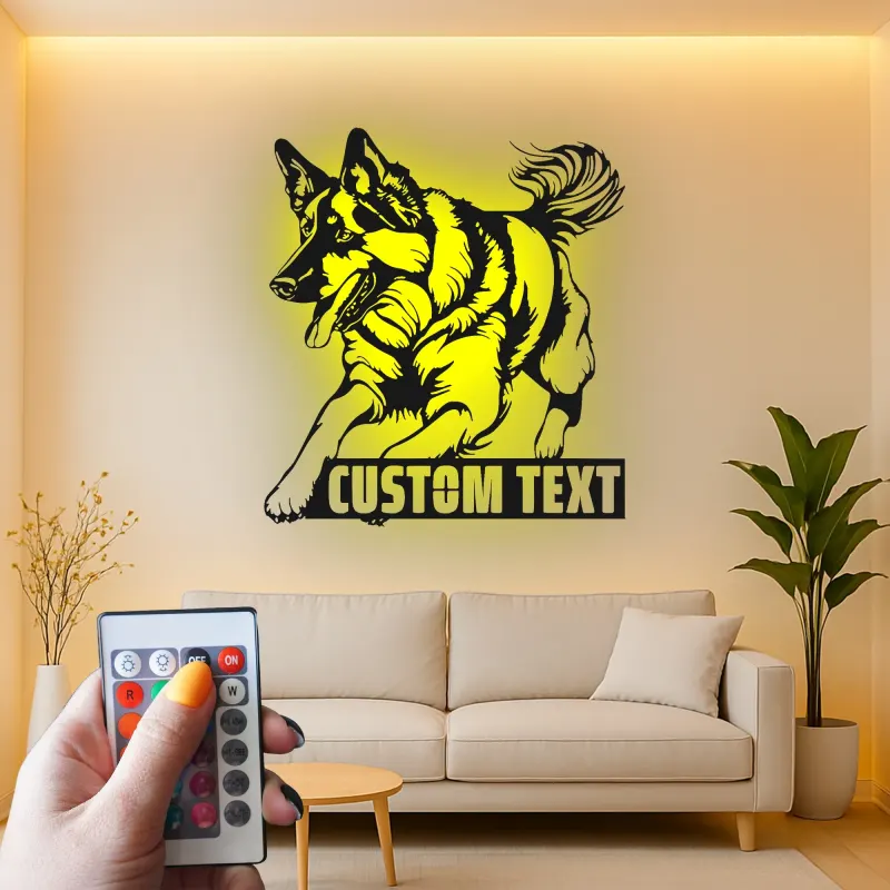 Arte da parete LED in metallo con Pastore Tedesco | Insegna personalizzata con nome del cane | Regalo commemorativo personalizzato per amanti dei cani
