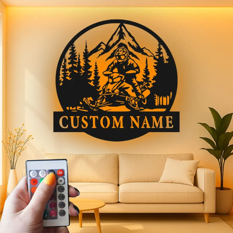 Individuelle Snowmobile LED Metall-Wandkunst | Personalisierte Bergfahrer-Schild | Geschenk für Snowmobiler & Hütten-Dekor
