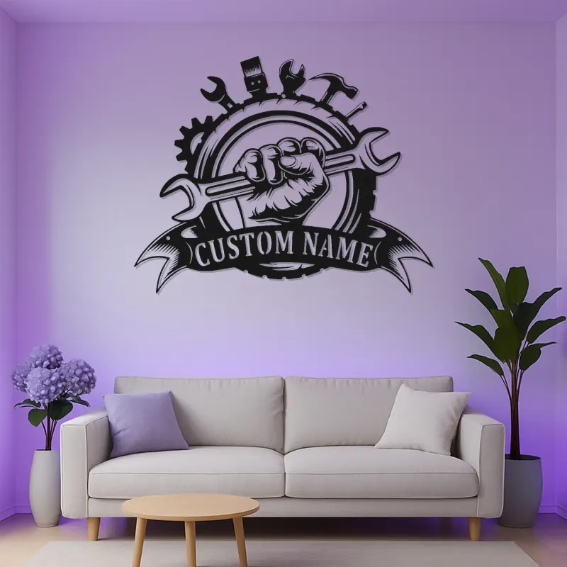 Cartel LED personalizado de mecánico | Arte mural de metal para garaje | Decoración personalizada de puño de llave | Señalización industrial para cuevas de hombres | Regalo para papá