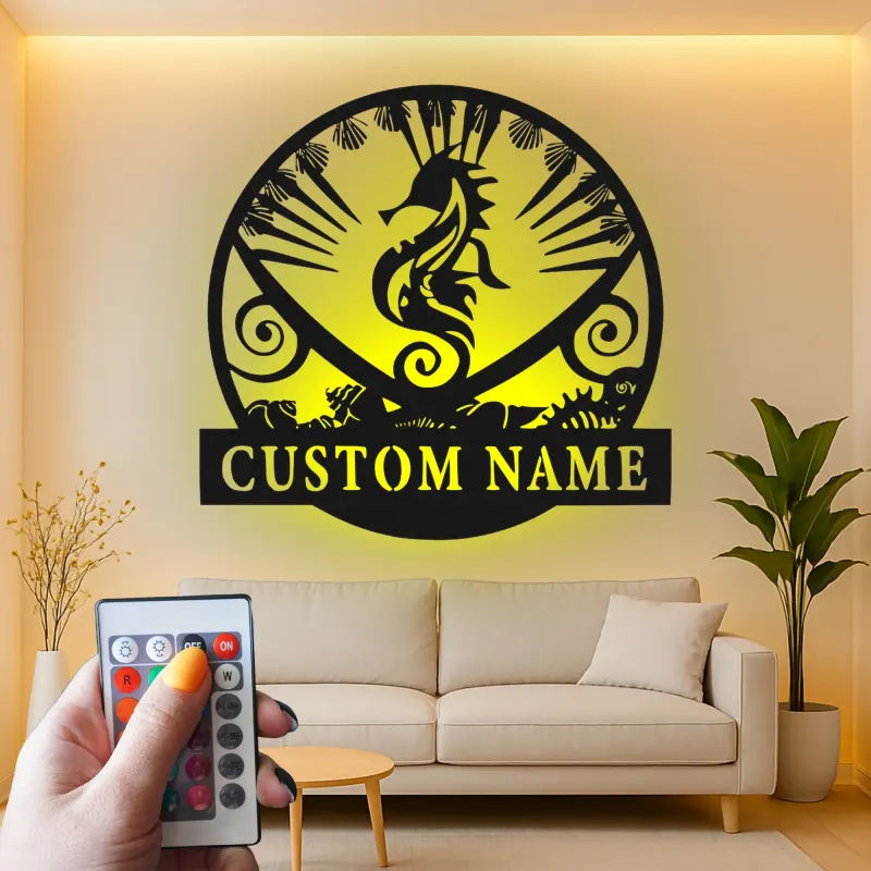 Arte Mural de Metal de Caballito de Mar Personalizado | Decoración Náutica LED para el Océano | Regalo Personalizado para Hogar Costero y Casa de Playa