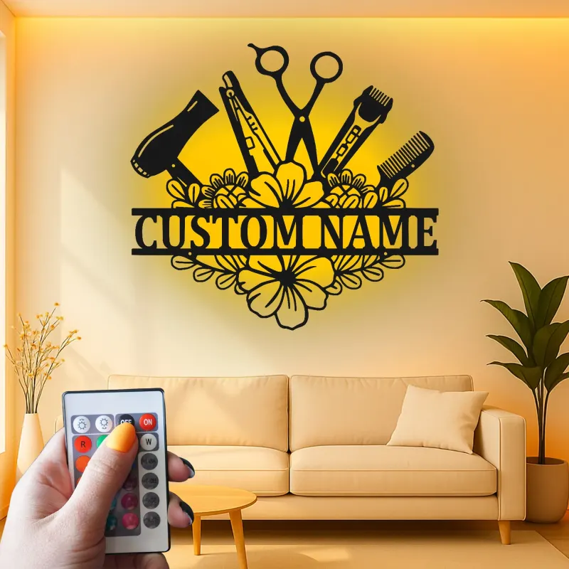 Insegna personalizzata per hairstylist | Decorazione murale LED in metallo su misura per salone | Regalo per parrucchiere e targhetta per beauty studio