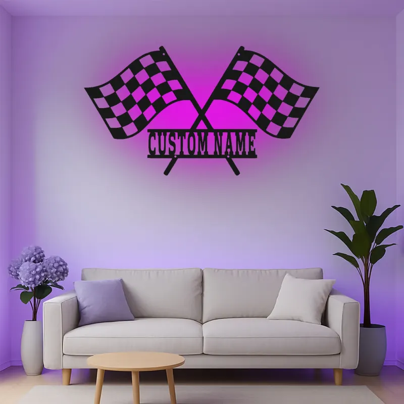 Insegna in metallo LED personalizzata con bandiere da corsa - Regalo per appassionati di auto, decorazione per garage o man cave