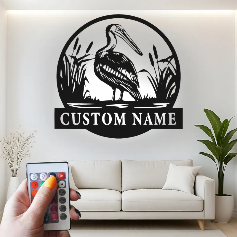 Insegna in metallo LED personalizzata Pelican | Decorazione per casa al mare costiera | Arte murale con silhouette di uccello illuminata | Regalo personalizzato per marina