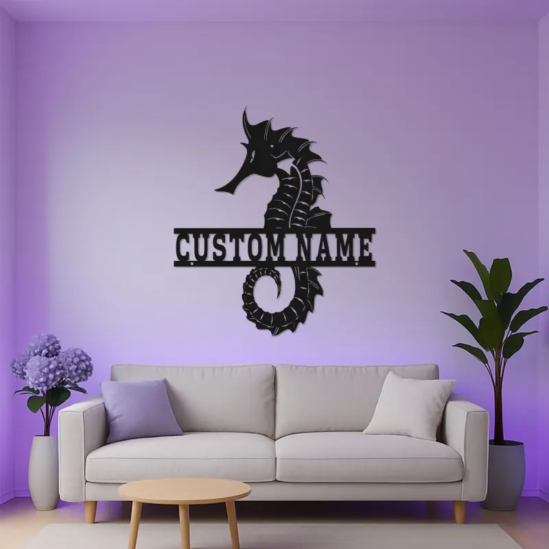 Cartel de metal personalizado de caballito de mar | Arte mural de luz LED personalizada | Decoración náutica para casa de playa | Regalo para hogar costero
