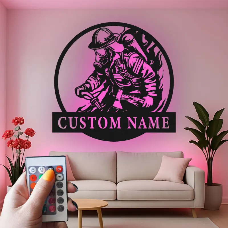 Insegna in Metallo LED Personalizzata per Vigili del Fuoco | Arte Murale Personalizzata per Vigile del Fuoco | Regalo per Dipartimento dei Pompieri e Primo Rispondente