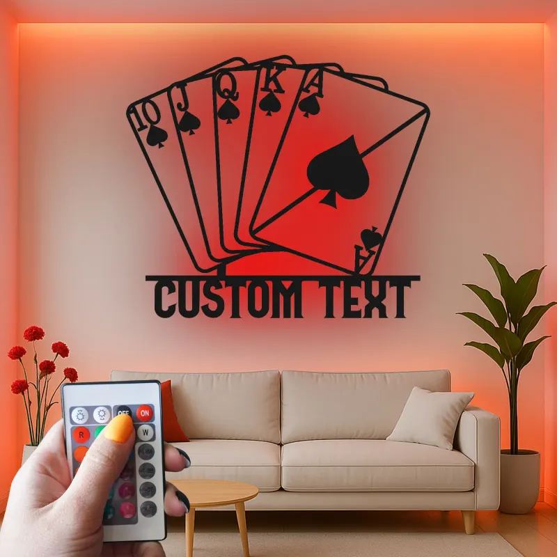 Arte da parete in metallo Royal Flush | Insegna LED personalizzata per sala giochi | Regalo decorativo per serata casino per lui