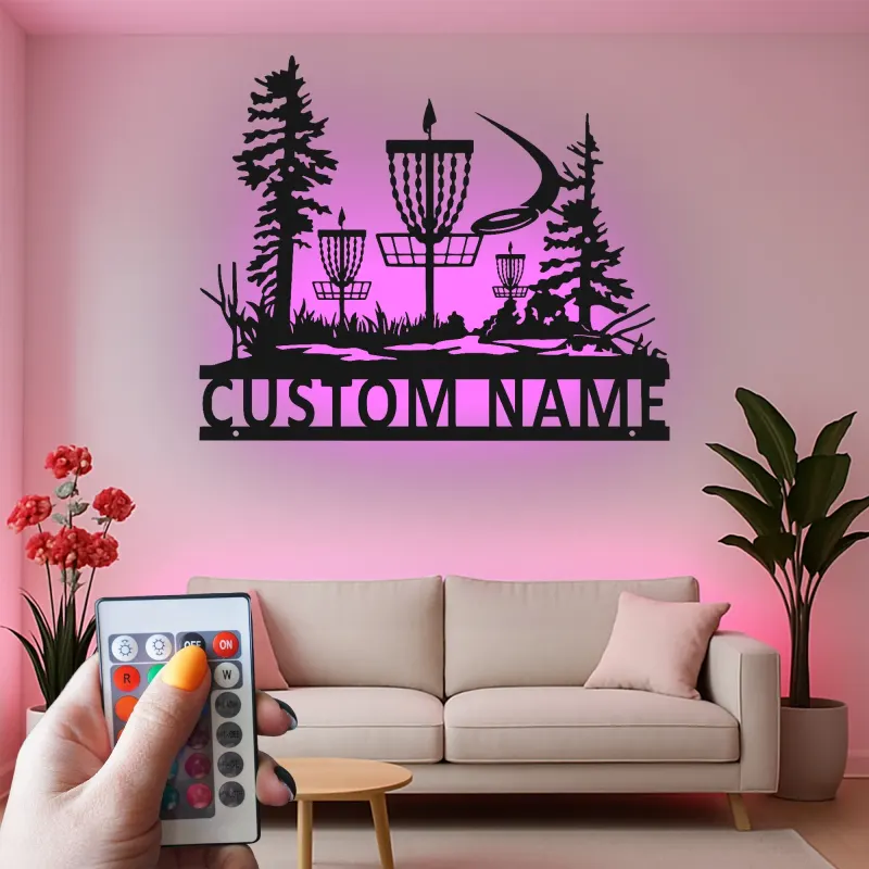 Décoration murale en métal personnalisée avec rétroéclairage LED pour panier de disc golf - Cadeau personnalisé pour disc golfers
