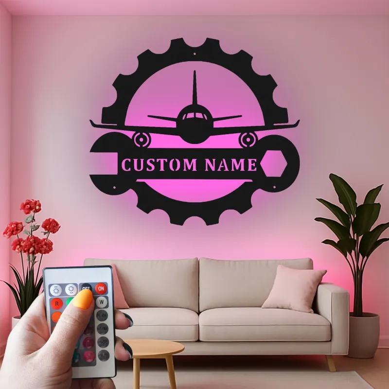Personalisierte LED-Leuchte aus Metall mit Flugzeug und Zahnrad – Ein einzigartiges Geschenk für Piloten, ideal für Hangar oder Büro