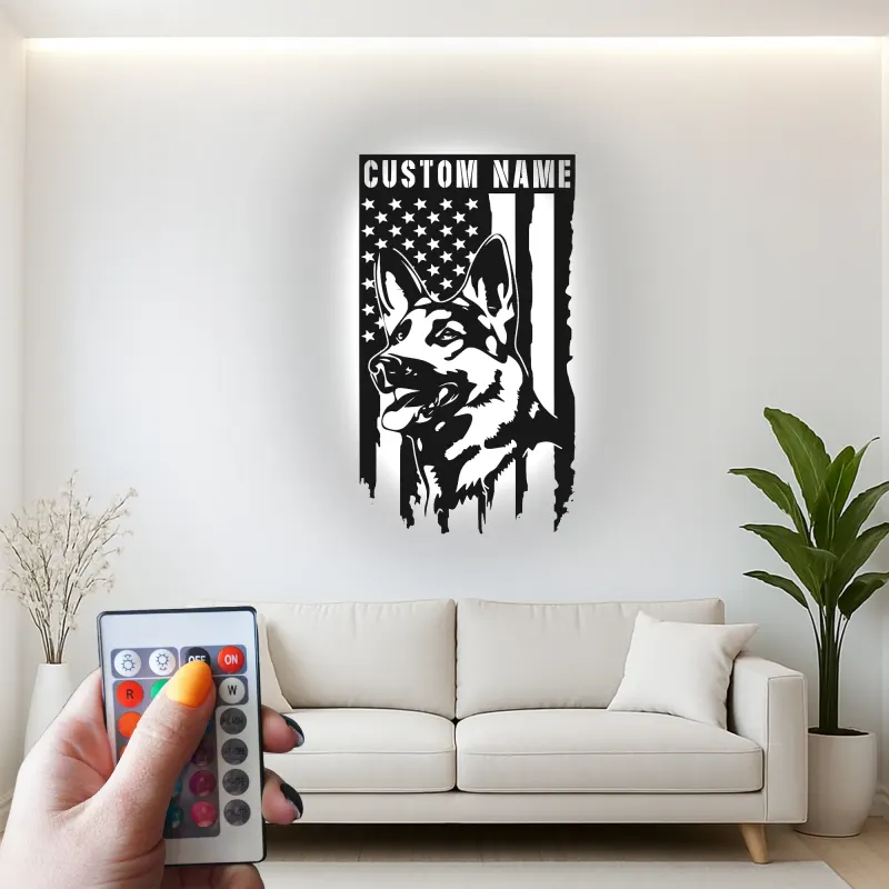 German Shepherd LED Sign | Custom Name Patriotic Metal Wall Art | K9 Dog Lover Gift for Him | USA Flag Home Decor
