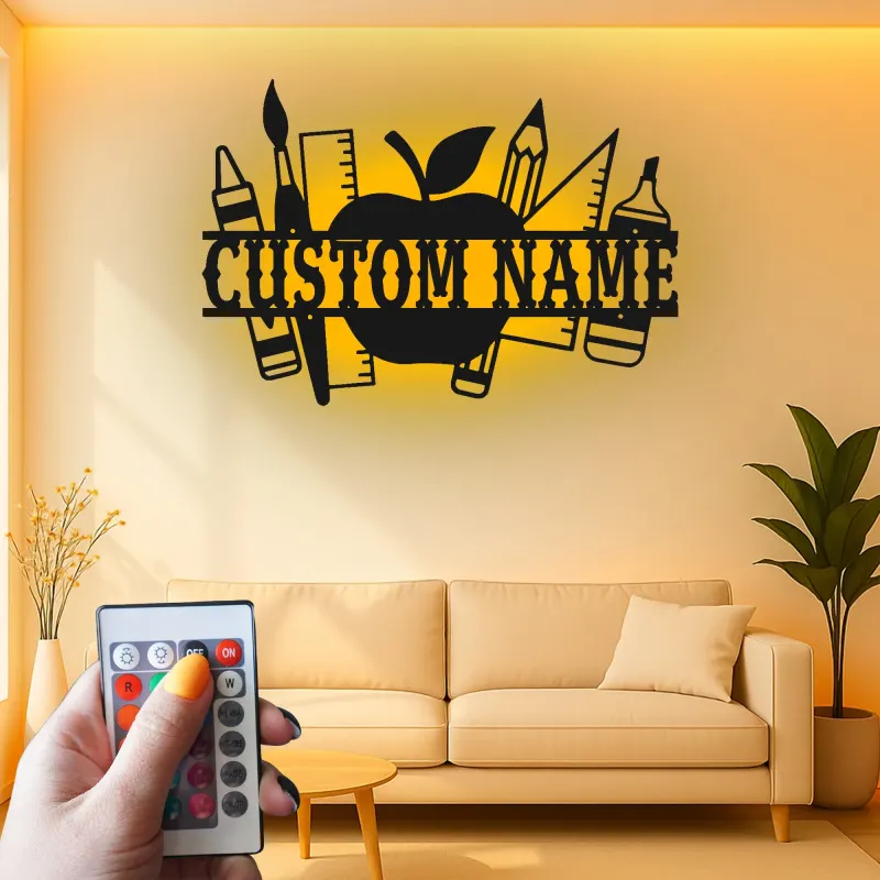 Cartel de nombre de profesor personalizado | Arte mural de metal LED para aula | Decoración personalizada de útiles escolares | Regalo de fin de año para educadores