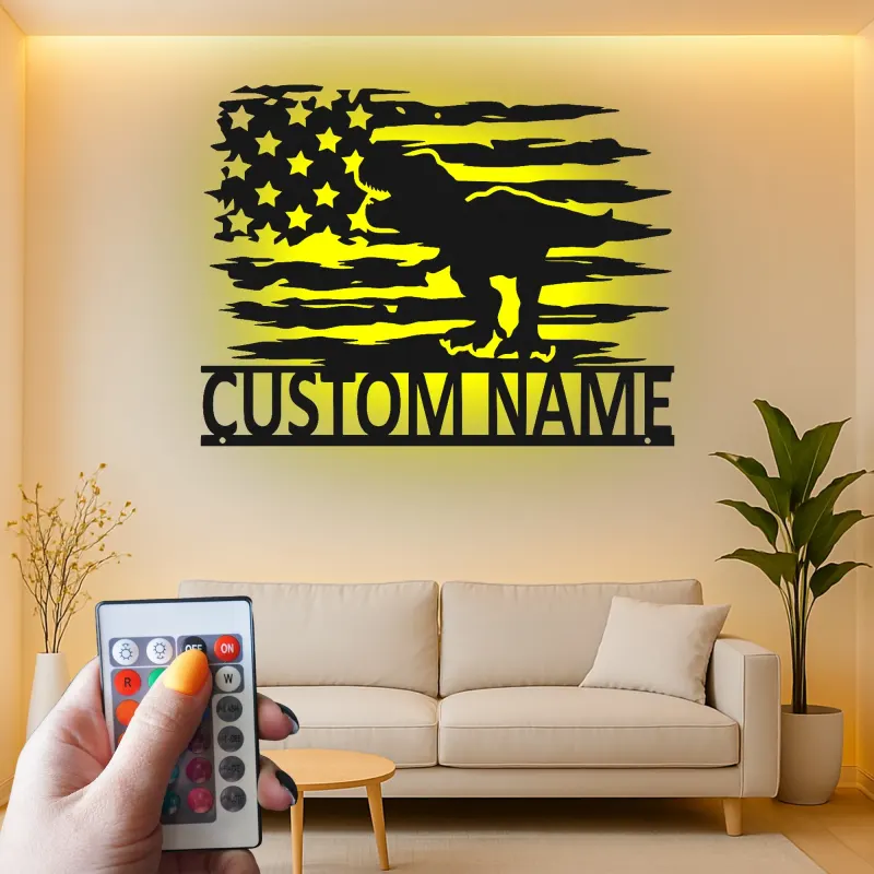 Insegna in metallo LED T-Rex con bandiera americana personalizzata, regalo unico per amanti dei dinosauri, decorazione per stanza dei bambini