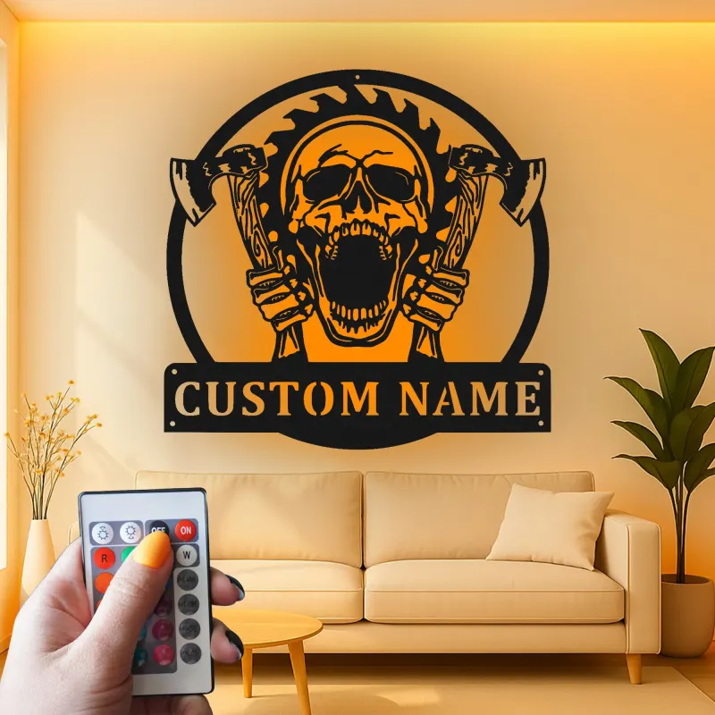 Cartel LED de Calavera y Hachas Personalizado | Decoración Gótica para Cueva de Hombres | Arte de Horror Personalizado | Regalo de Garaje para Él