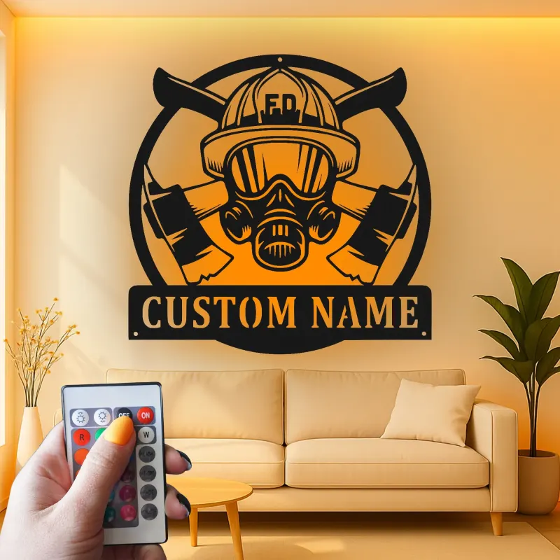 Personalized Firefighter Sign | Custom LED Metal Wall Art | Fireman Helmet Decor for Firehouse & Home | Hero Gift