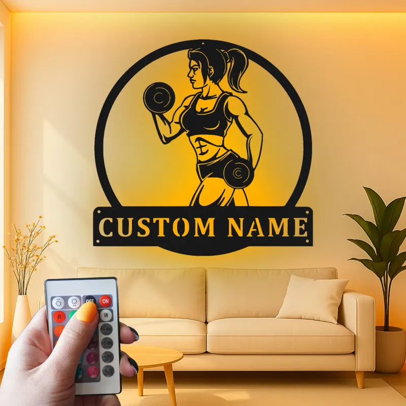 Cartel LED personalizado de chica fitness | Arte de metal con nombre personalizado para gimnasio en casa | Decoración de sala de entrenamiento | Regalo motivacional para ella